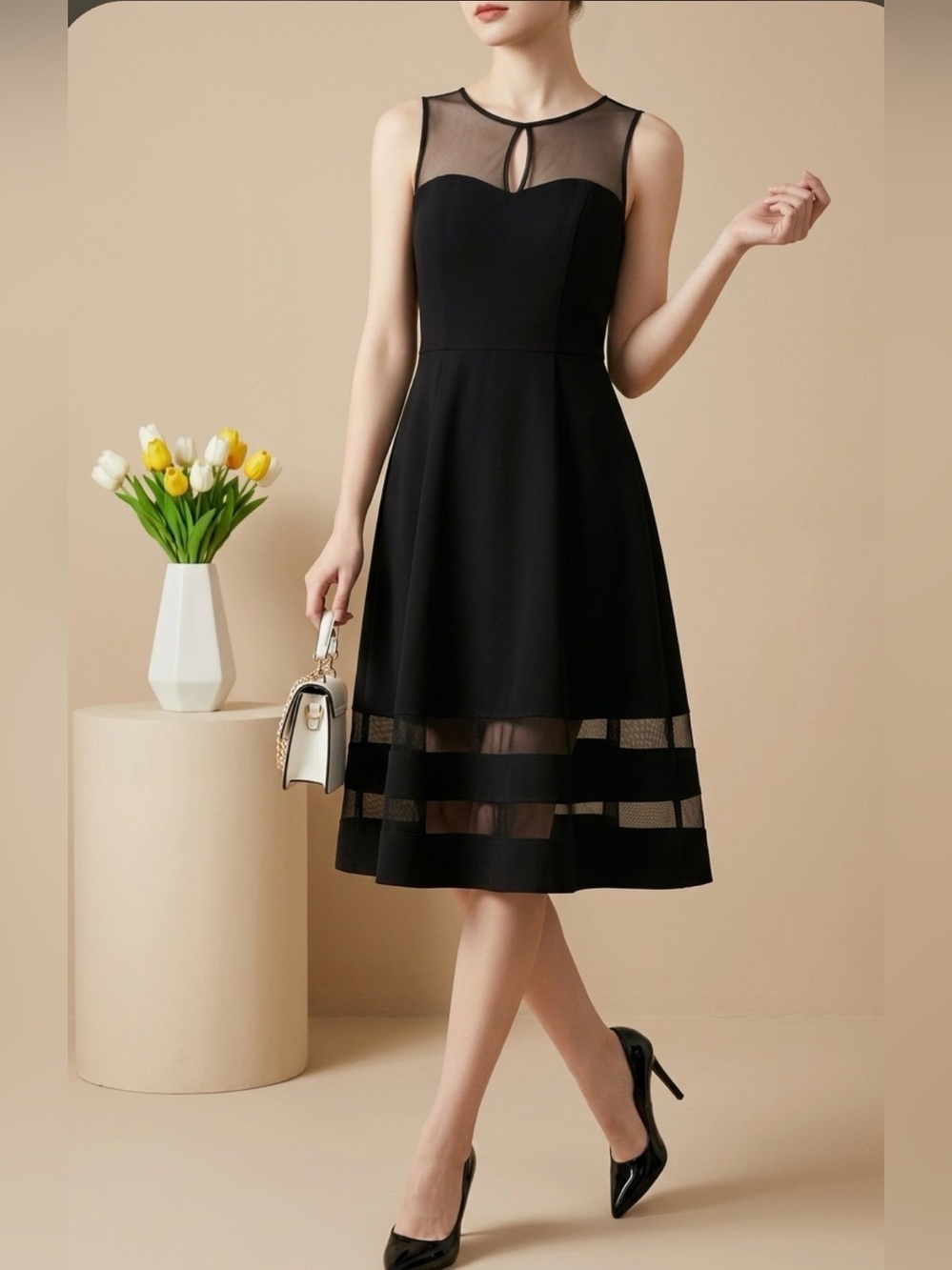 Aidan mattox Classic Black Mesh-Inset Sleeveless A-Line Dress